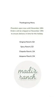 Thanksgiving menu with ranch flavors, including original, spicy, chipotle, and jalapeno, from madi's ranch, with preorders open now and delivery by November 19th.