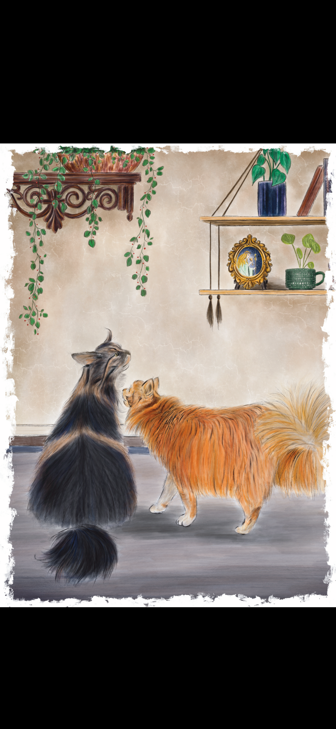Two cats, one black and tan and the other orange, sitting on the floor inside a room with light-colored walls and wooden flooring. The room is decorated with hanging plants, a framed picture on a shelf, and other potted plants.