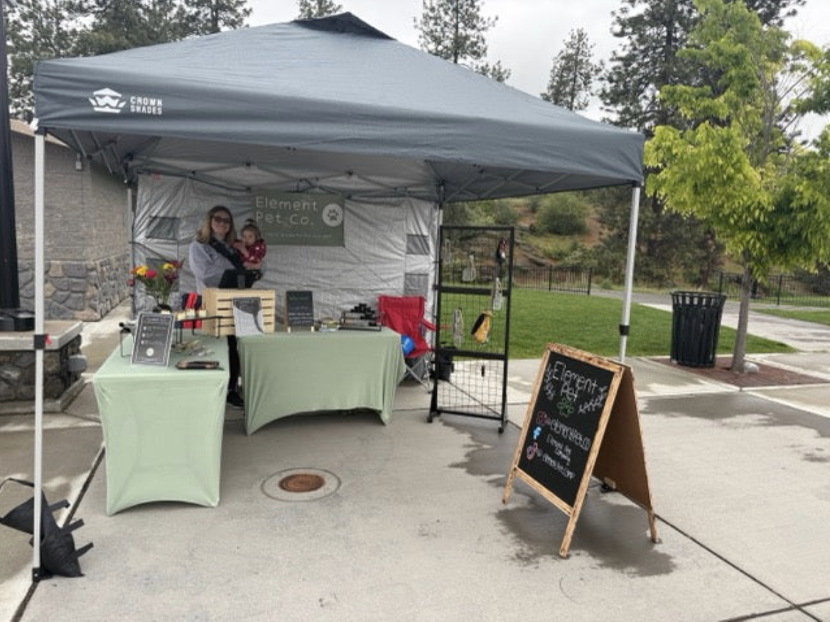 Outdoor booth at a fair or market under a gray canopy with a woman and child, displaying pet-related products, with a chalkboard sign, trees, and a sidewalk in the background.