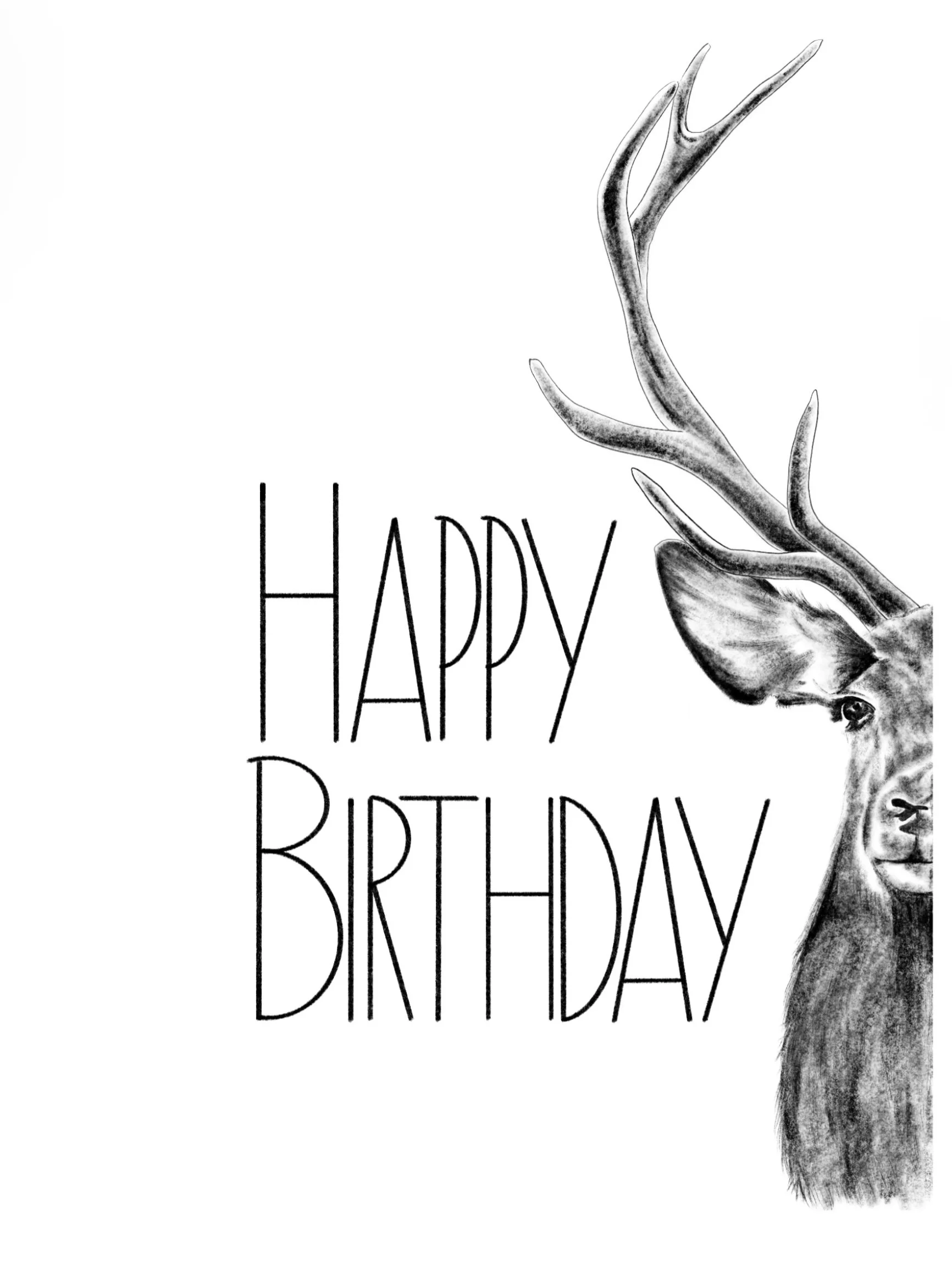 Black and white illustration of a reindeer with large antlers and the text 'Happy Birthday' beside it.