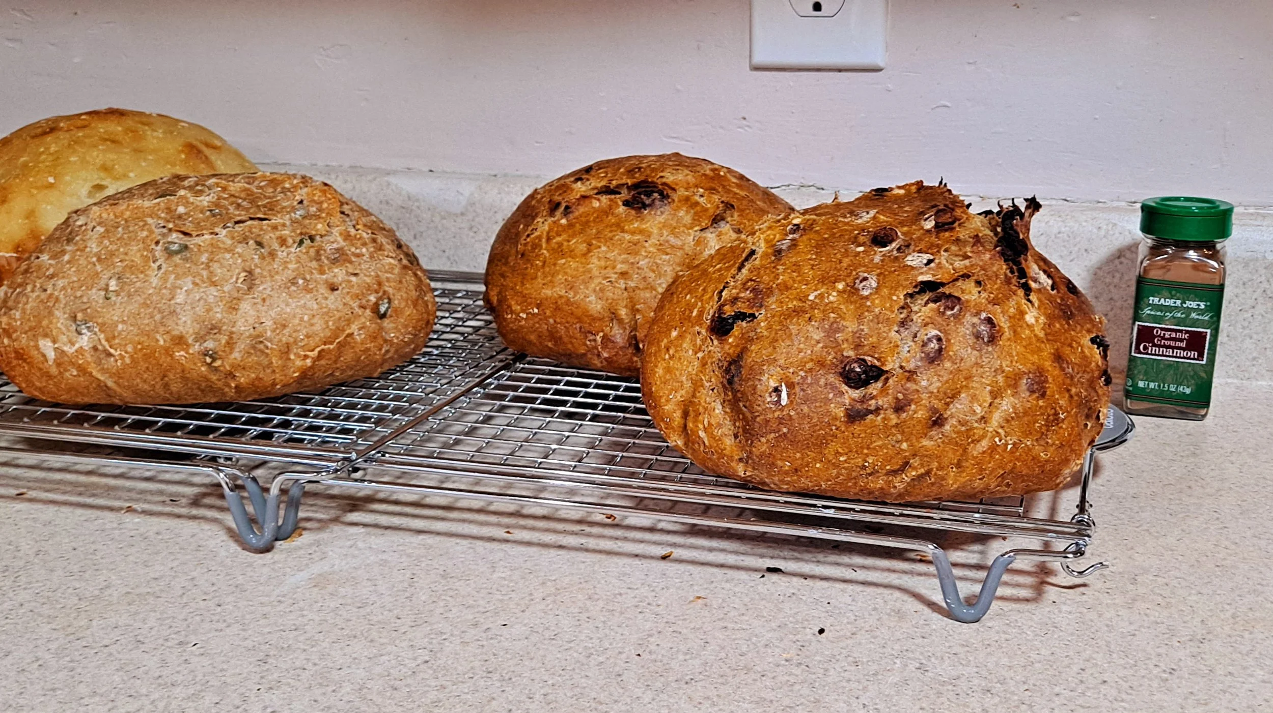 Various baked bread loaves with chocolate chips on a wire rack on a beige countertop, with a container of ground cinnamon in the background.