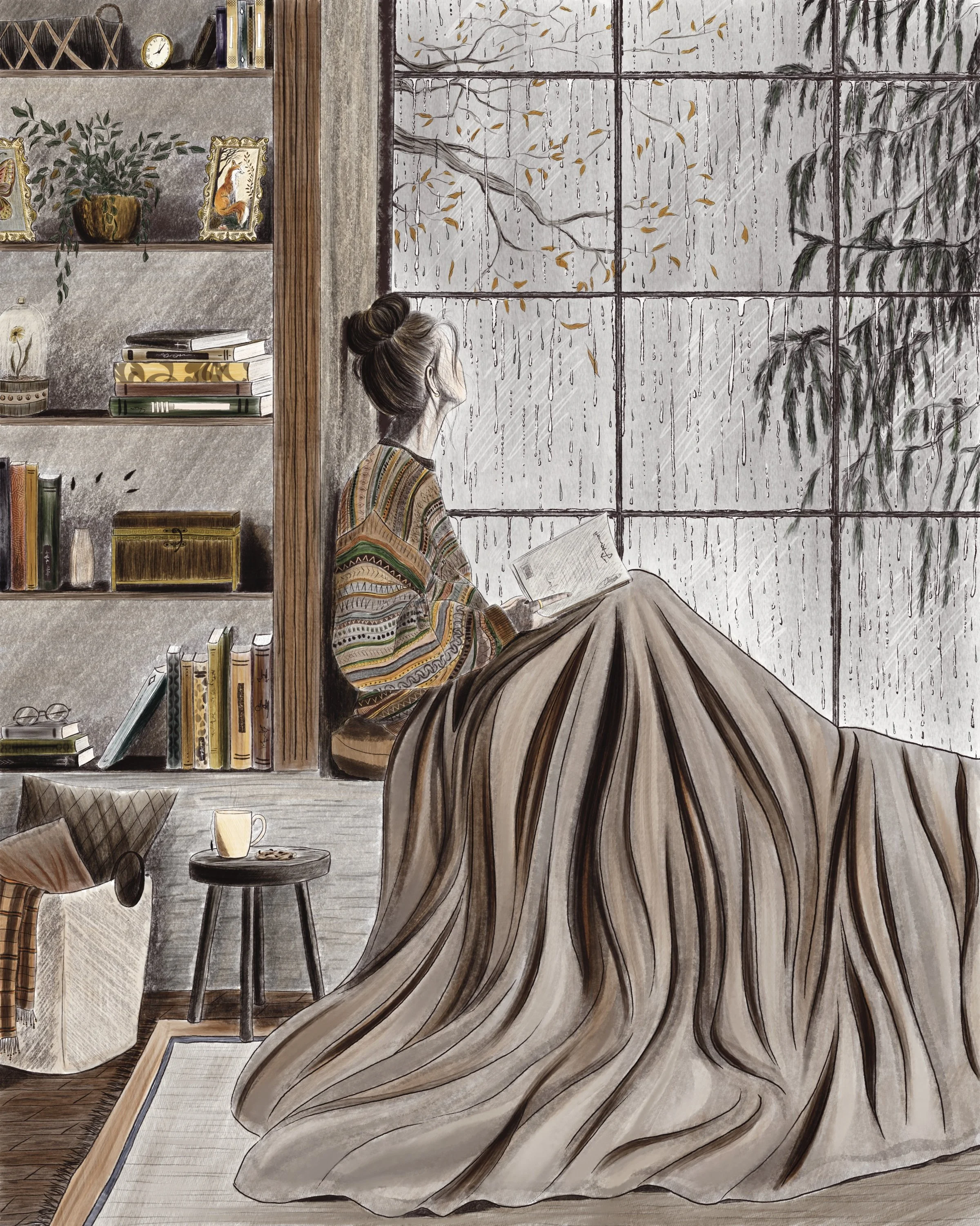 A woman with her hair in a bun reading a book by a rain-covered window in a cozy, decorated living room with a bookshelf, small table with a mug, and a large, striped blanket draped over her lap.