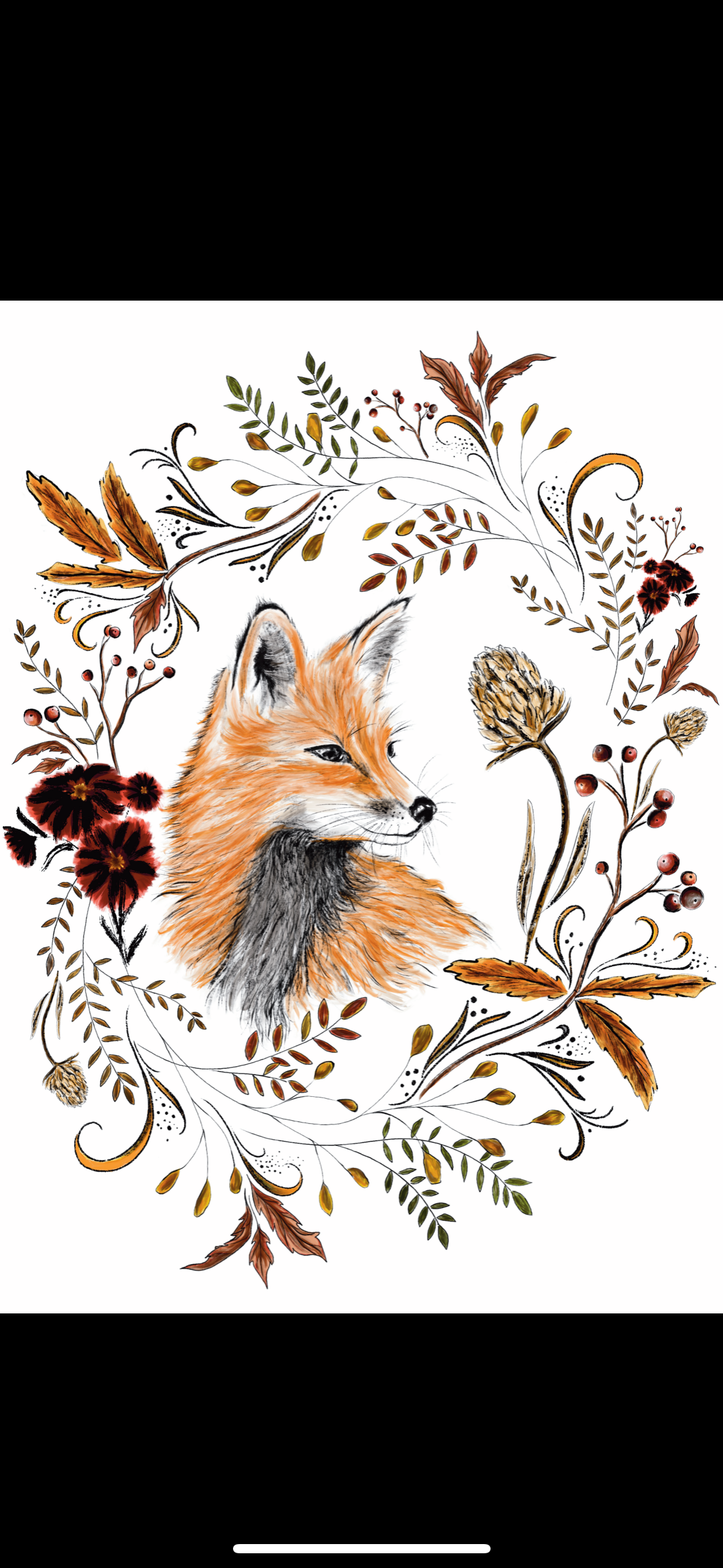 An illustrated portrait of a fox surrounded by autumnal leaves and flowers.