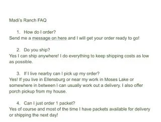 Screenshot of Madi's Ranch FAQ with four questions about ordering, shipping, pickup, and delivery.