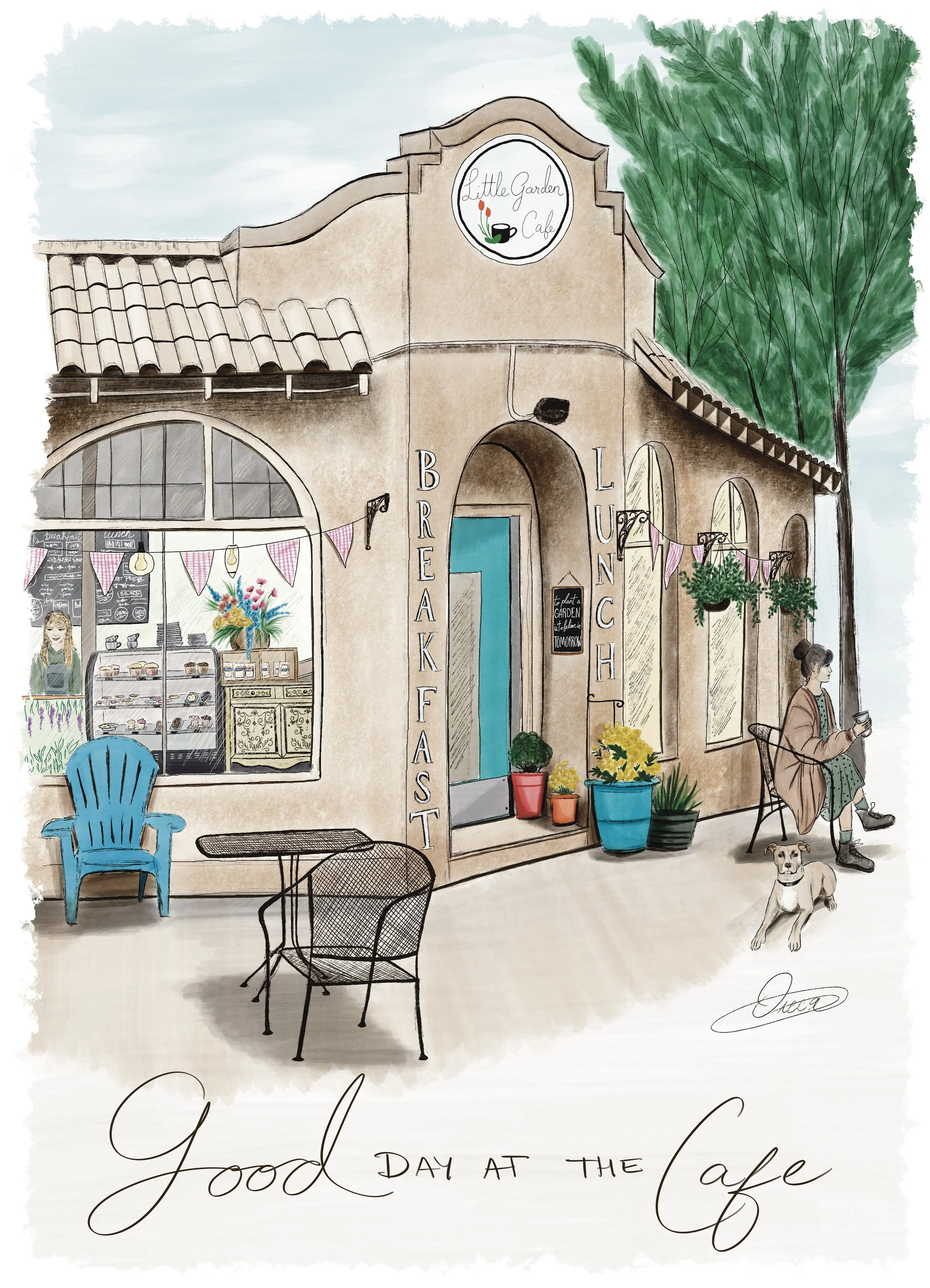 Illustration of a cafe storefront with outdoor seating, colorful potted plants, a woman sitting outside with a dog, and a shop window displaying baked goods.
