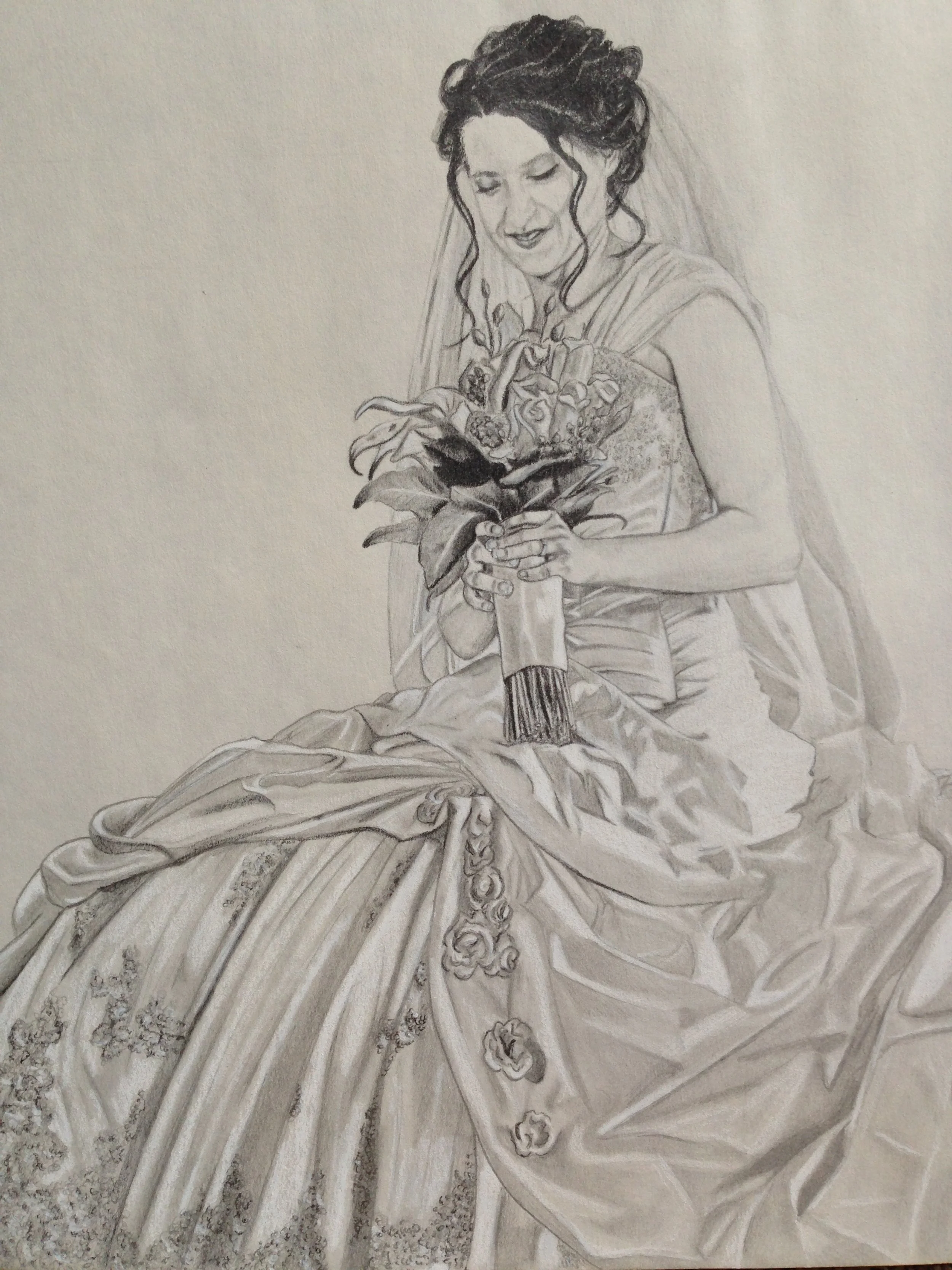 Pencil drawing of a woman in a wedding dress holding a bouquet of flowers and smiling.