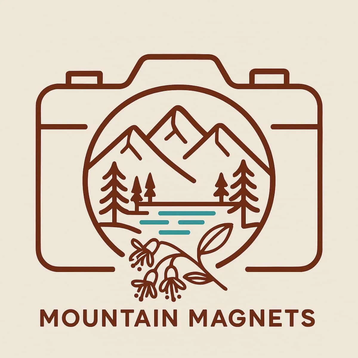 A line drawing of a mountain landscape inside a camera outline, with trees, mountains, a river, and a branch with leaves and flowers, accompanied by the text "Mountain Magnets"