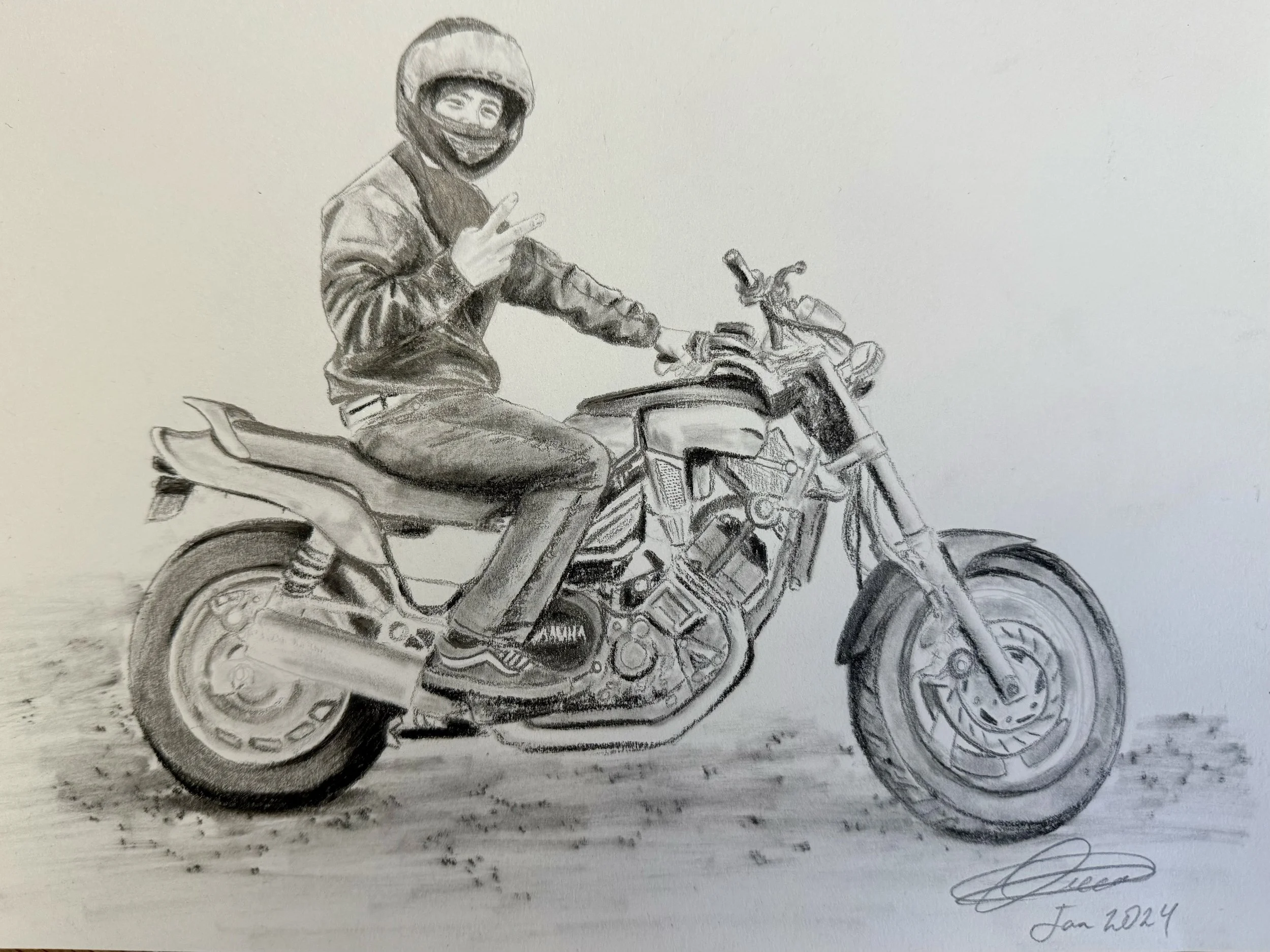  Pencil sketch of a person sitting on a motorcycle, wearing a helmet and making a peace sign with their right hand, signature, and date Jan 2024 written at the bottom.
