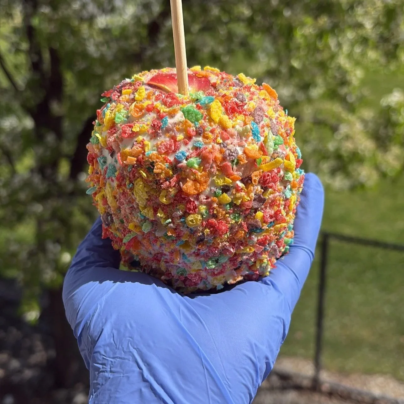 A hand wearing a blue glove holds a colorful candy apple coated with rainbow sprinkles against a blurred outdoor background.