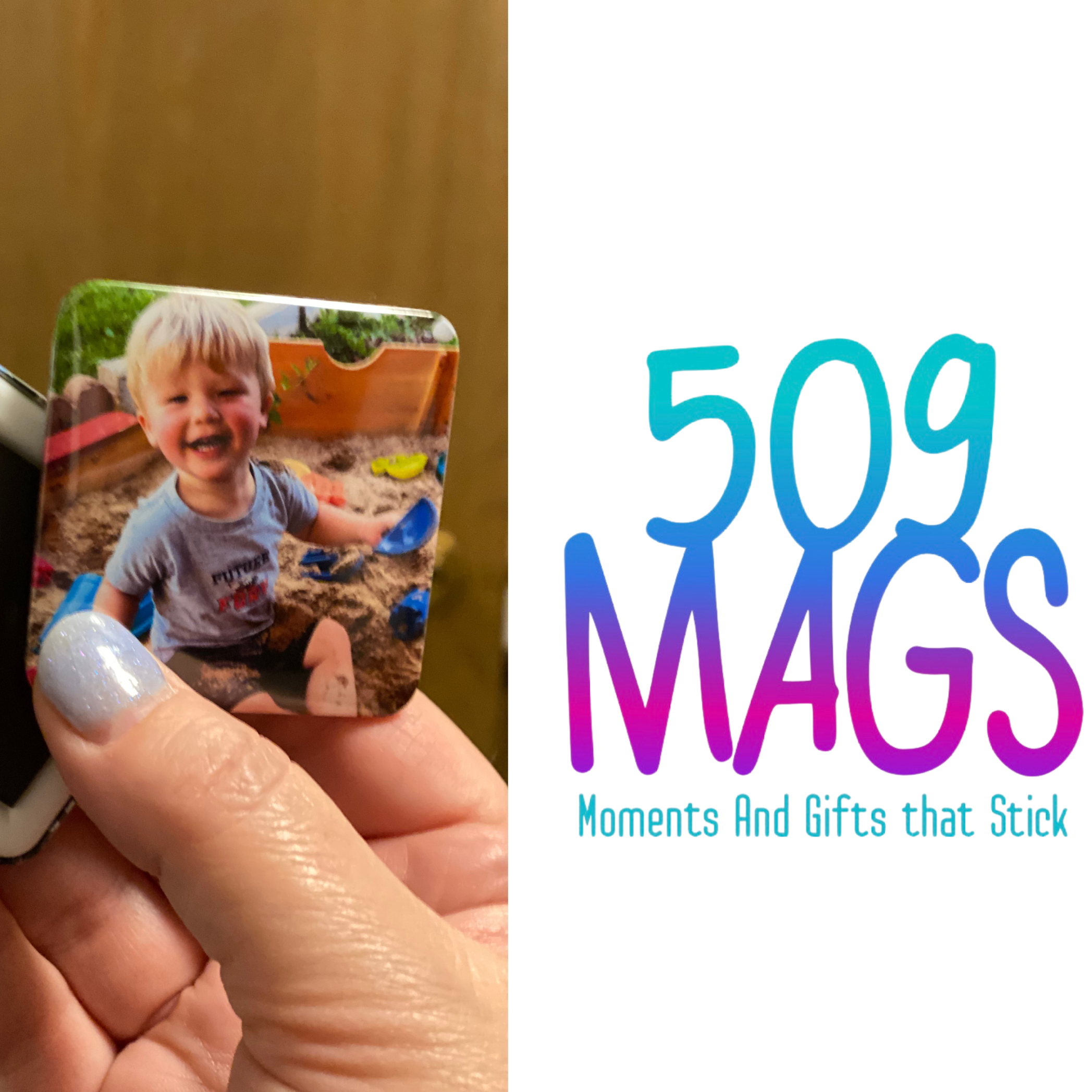 A person holding a photo of a young boy playing in the sand at a playground, with a logo for '509 MAGS' and the tagline 'Moments And Gifts that Stick' displayed on the side.