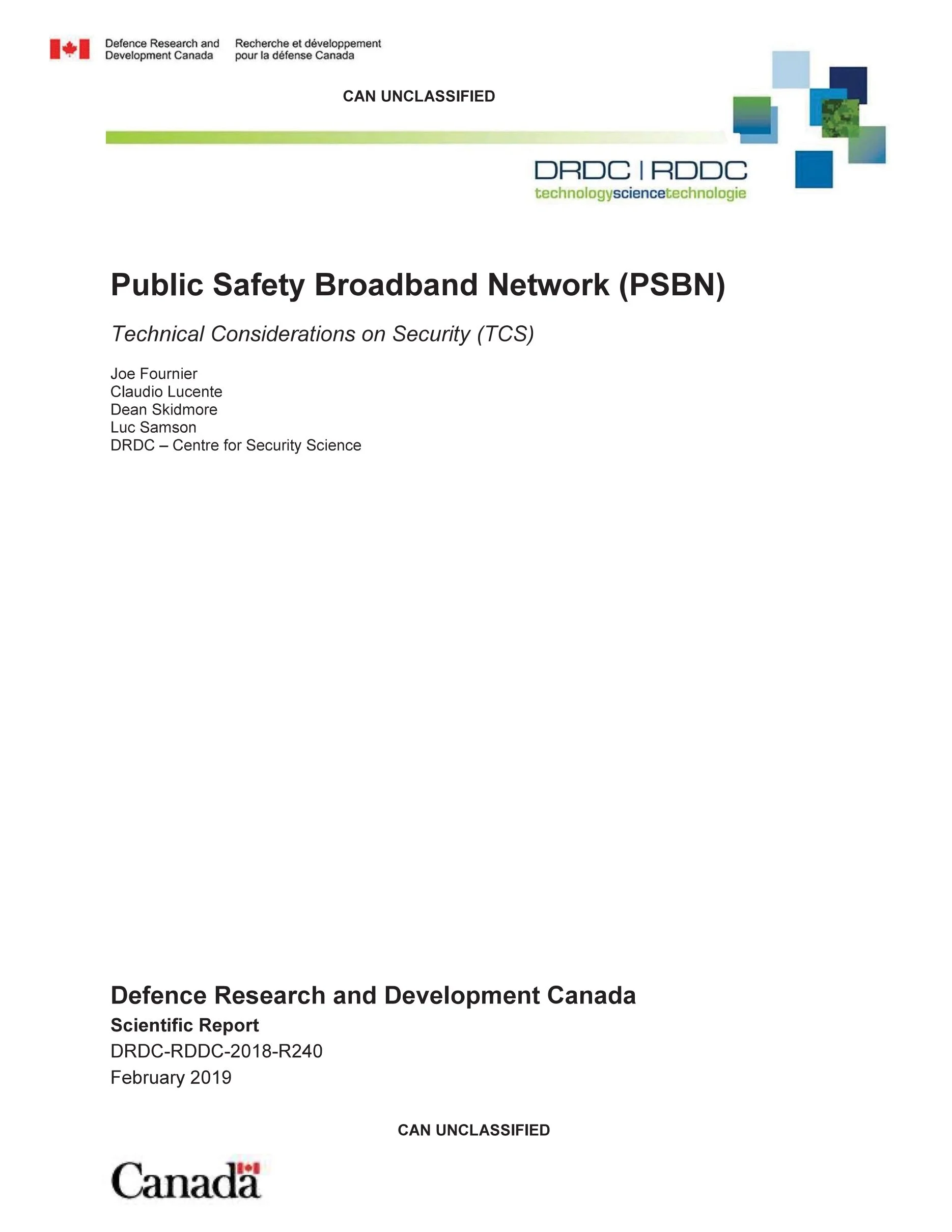 Cover page of a Canadian defense research report titled 'Public Safety Broadband Network (PSBN): Technical Considerations on Security (TCS),' authored by Joe Fournier, Claudio Lucente, Dean Skidmore, and Luc Samson, published in February 2019.