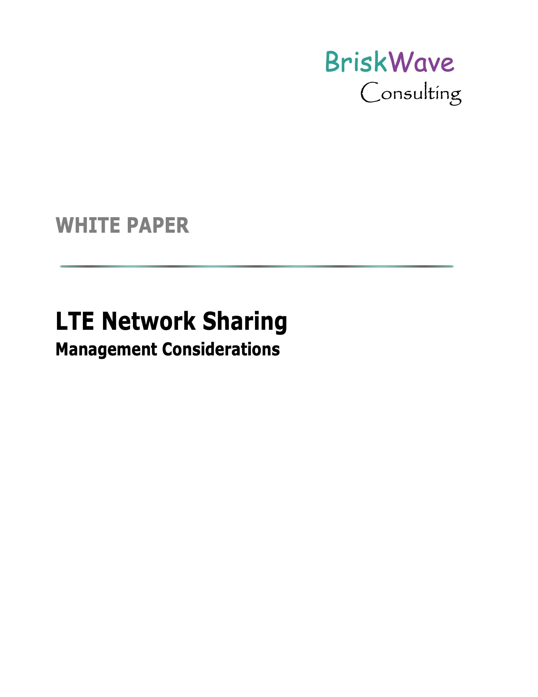 Cover page of a white paper titled 'LTE Network Sharing Management Considerations' by BriskWave Consulting.