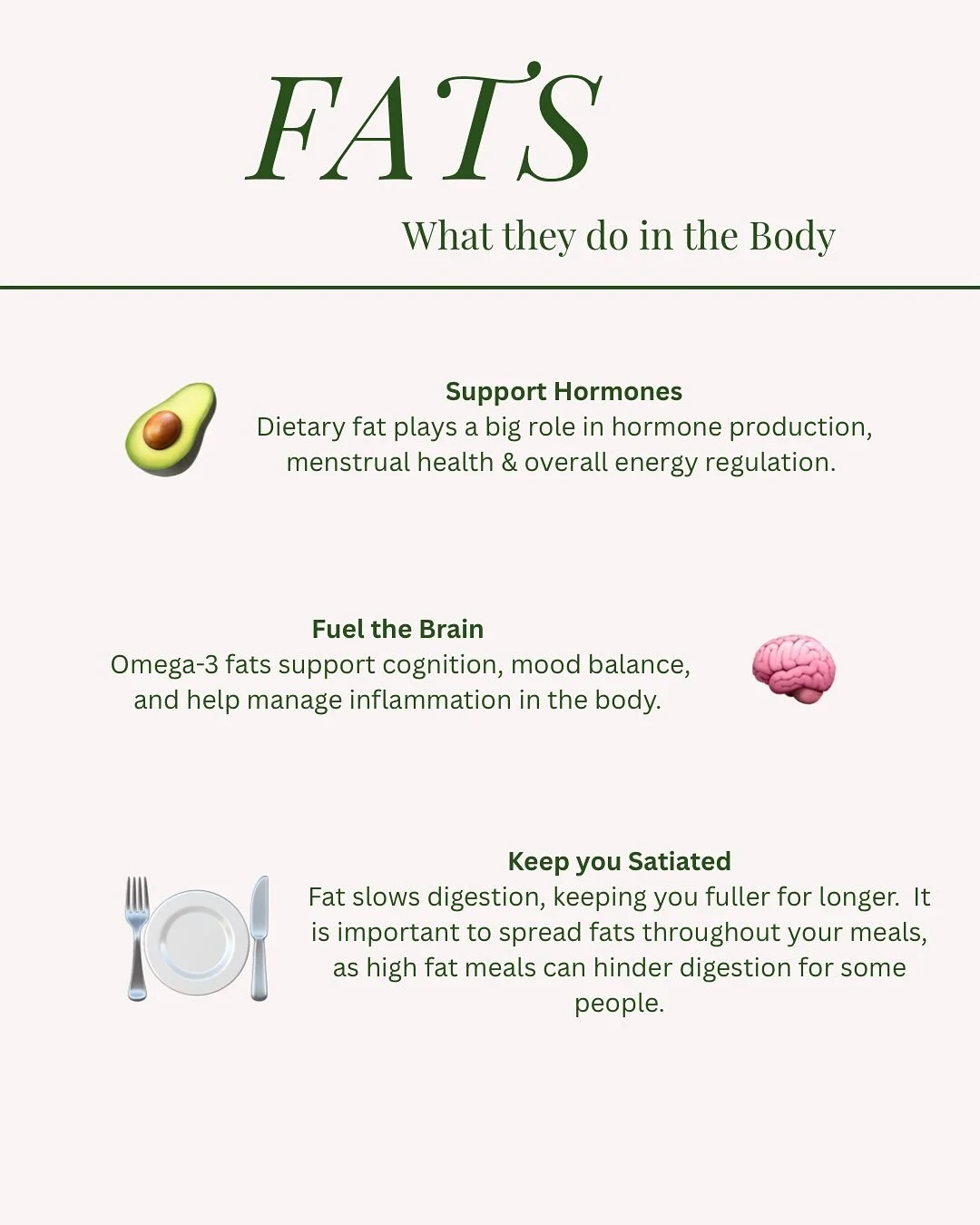 PSA: Eating fat doesn&rsquo;t automatically mean storing fat. 🙃
 Your body relies on dietary fats for hormones, brain health, fullness and absorbing key vitamins.

The goal isn&rsquo;t &ldquo;low fat&rdquo; or &ldquo;high fat&rdquo; ❗️

Aim for the 