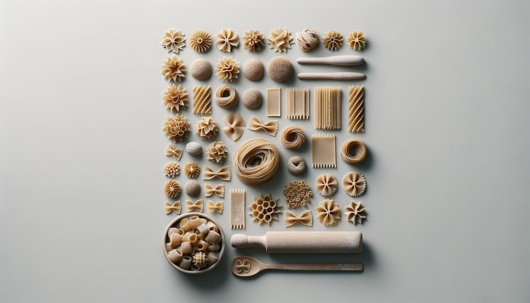 Assorted dry pasta including bowties, fusilli, penne, rotini, shells, and spaghetti, arranged on a light gray surface with a rolling pin and a wooden spoon.
