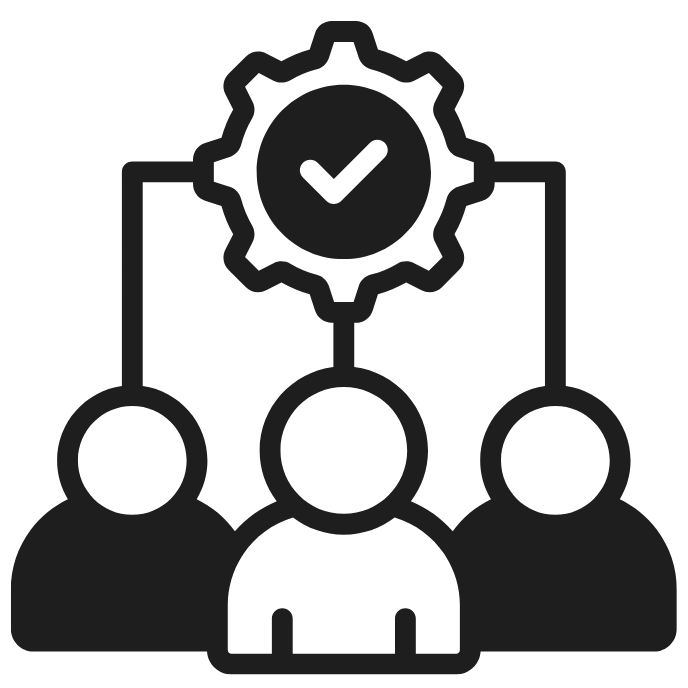 Icon of three people with a gear symbol and checkmark above them, representing team management or approval process.