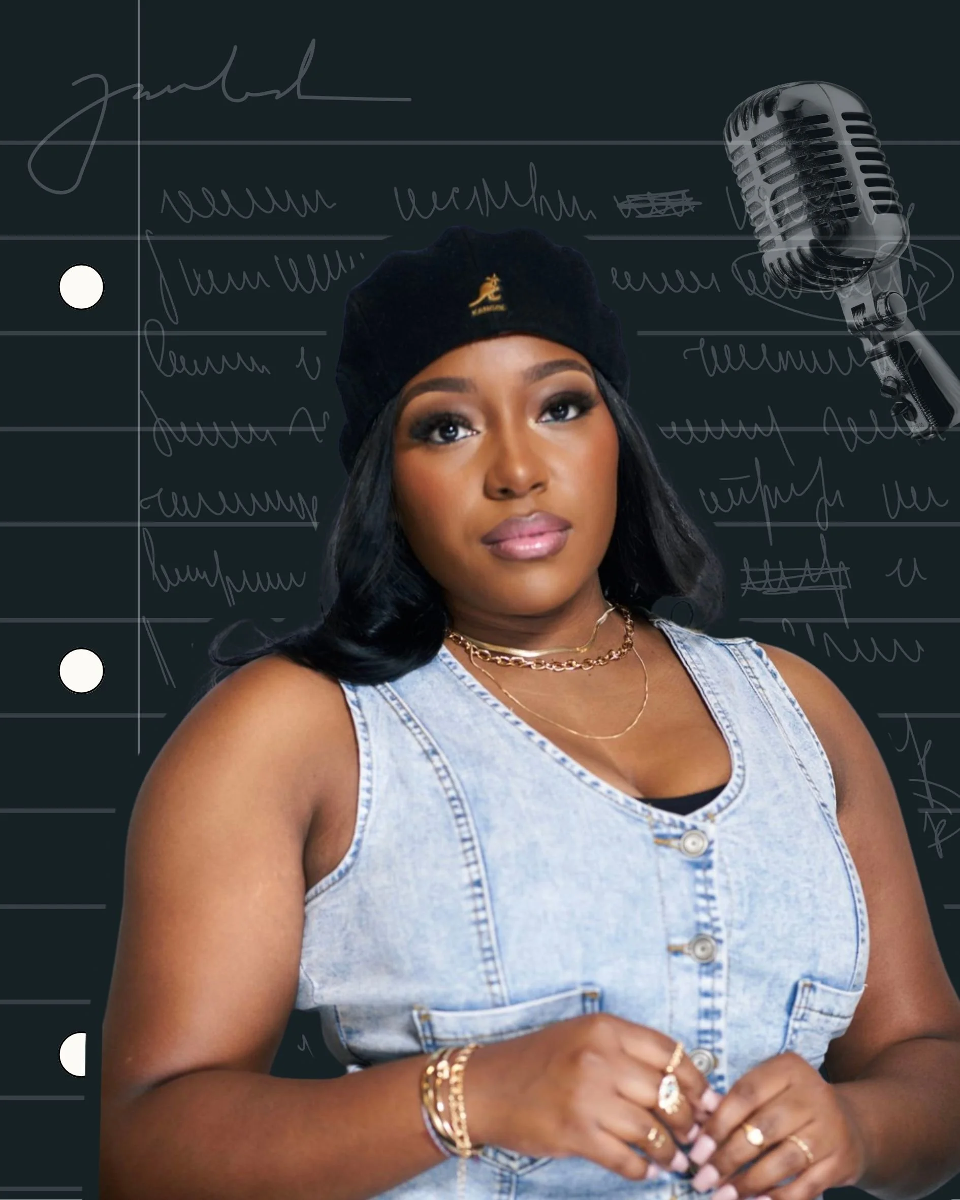 A woman with dark hair, wearing a black beanie with a logo, layered necklaces, gold bracelets, and rings, standing in front of a chalkboard background with a vintage microphone to her side.