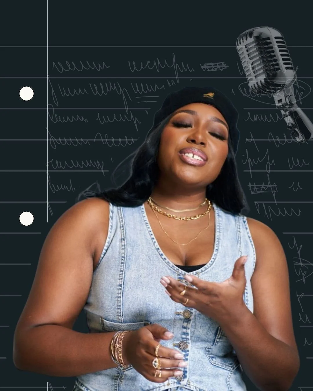 Woman singing or speaking into a vintage microphone, wearing a denim top, black beret, and gold jewelry, with a dark background featuring handwritten notes.