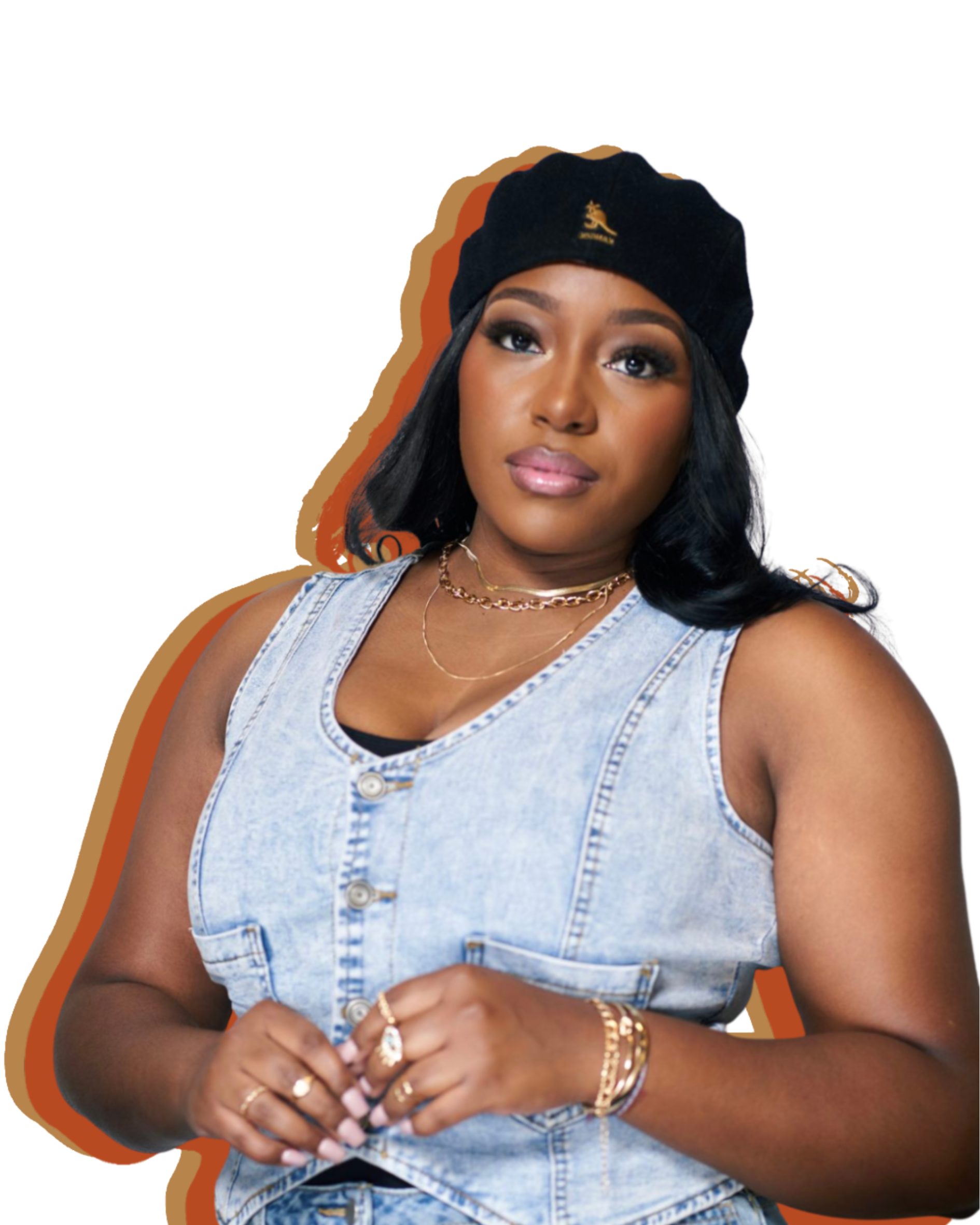 Jazmine Jamai, Slam Poet, wearing a black beret with a small gold emblem, a sleeveless denim jacket, layered gold necklaces, and multiple rings and bracelets.