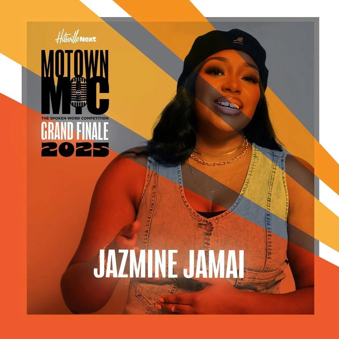 Poster for the Motown Mic 2025 grand finale featuring Jazmine Jamai, with a woman smiling and wearing a black hat, layered necklaces, and a sleeveless denim top, against a colorful geometric background.