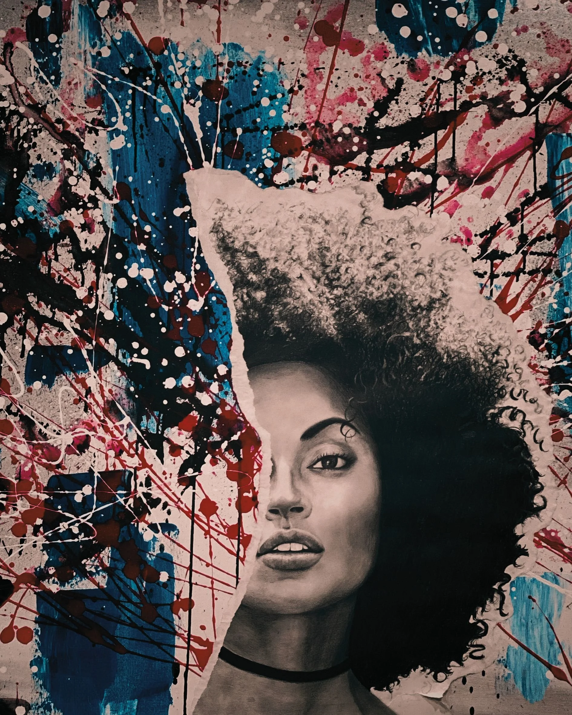 A mixed media portrait of a woman with curly hair, depicted in black and white, with colorful abstract paint splatters and drips surrounding her, using shades of blue, pink, red, and black.