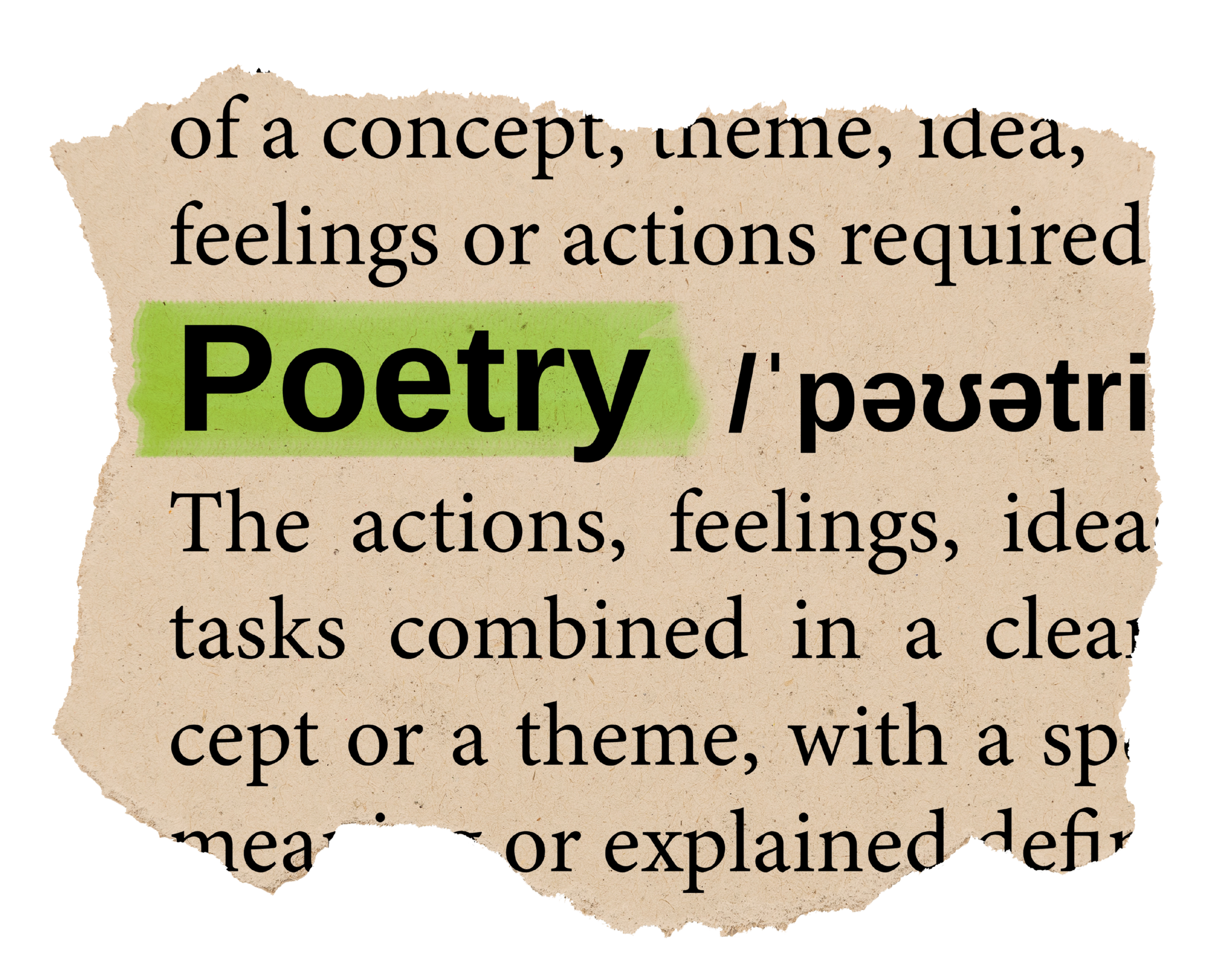 A torn piece of paper with the word "Poetry" highlighted in green, surrounded by text explaining the definition of poetry on a beige background.