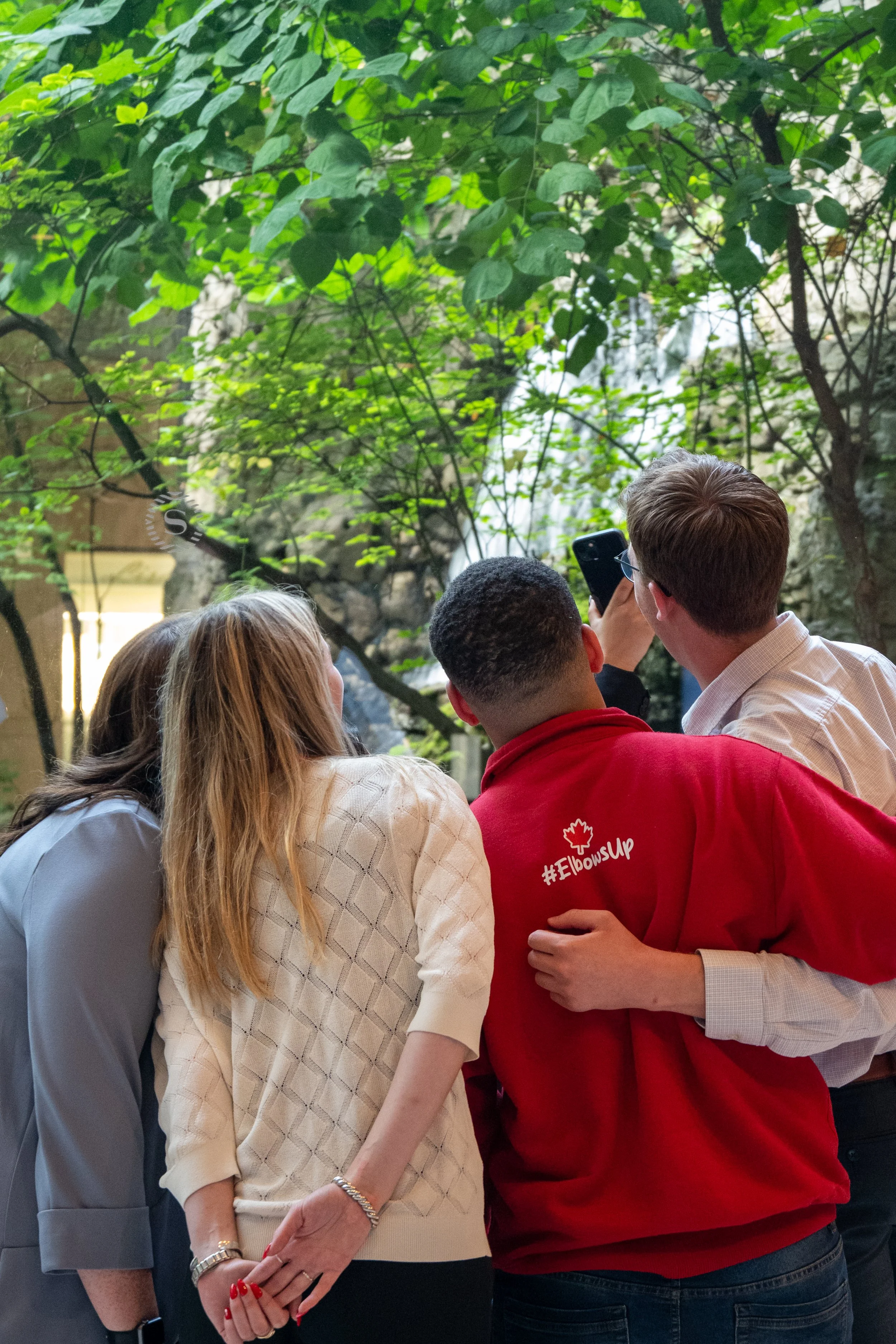 Four people are closely gathered, looking at a smartphone, with a lush green outdoor setting and trees in the background.