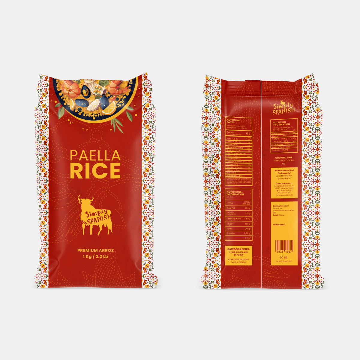 Front and back of red rice packaging labeled 'Paella Rice' with decorative border, brand name 'Simply Spanish', and an illustration of a bull.