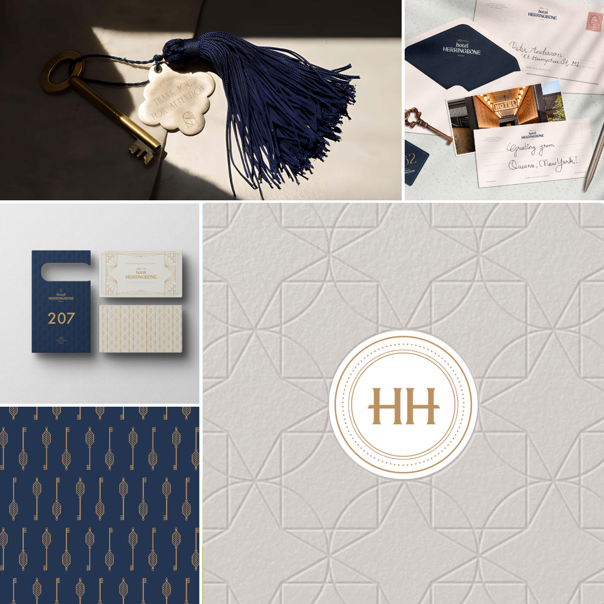 A collection of hotel-themed items including a decorative key with a blue tassel and a 'Thank you for your attention' tag, a set of hotel room keys and cards, a card with the hotel's name and logo, and a patterned background with a monogram 'HH' on a