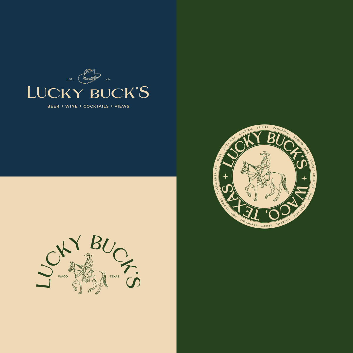 Design featuring four quadrants with logo and text. The top left quadrant has a dark blue background with the text 'Lucky Buck's,' a hat illustration, and ‘Est. 24’ with details about beer, wine, cocktails, and views. The top right quadrant has a dar