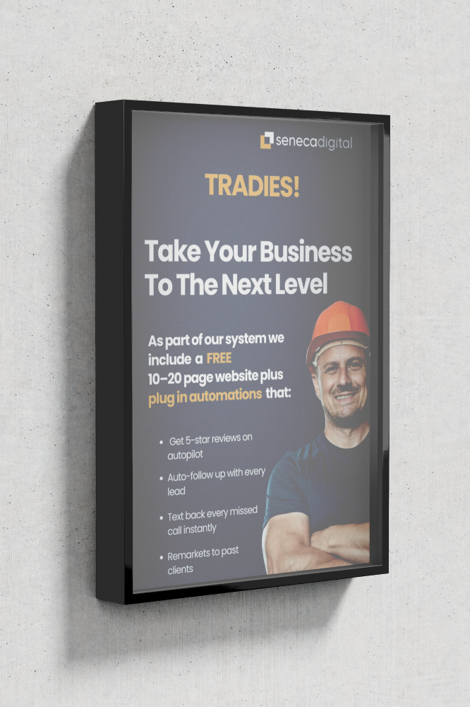 Advertising poster for senecadigital promoting business automation tools with a smiling man wearing a safety helmet, arms crossed, on a gray background.
