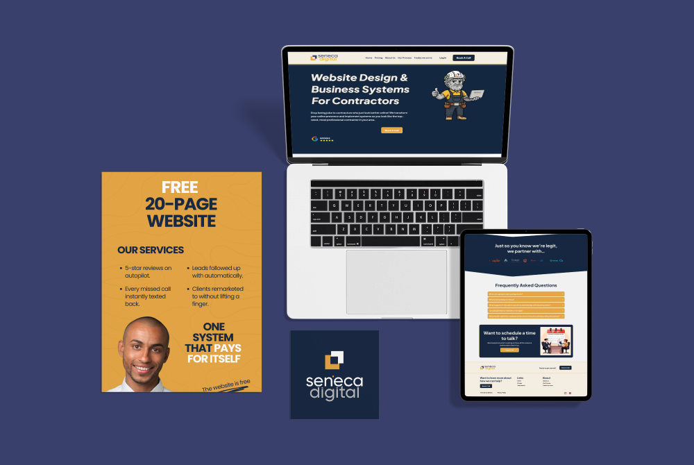 A laptop, a tablet, a flyer, and a business card on a blue background. The laptop screen displays a website with text "Website Design & Business Systems For Contractors" and a cartoon character in a hard hat holding a laptop. The tablet shows a webpa