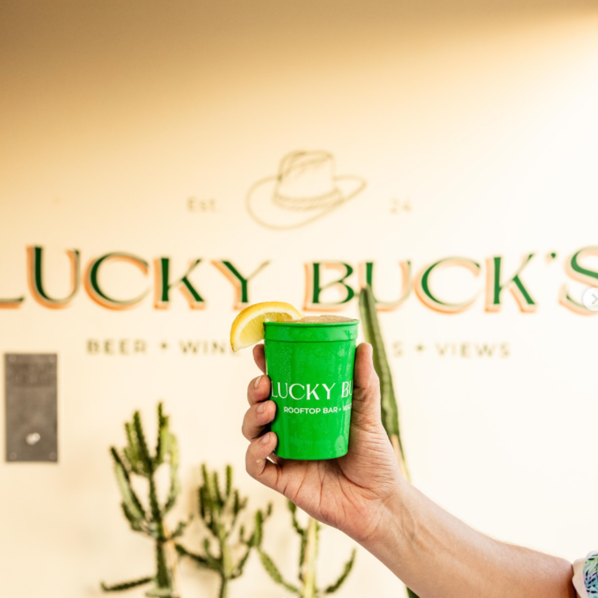 A person holding a green cup with a lemon wedge on the rim, in front of a sign that reads 'Lucky Buck's' at a rooftop bar with desert plants in the background.
