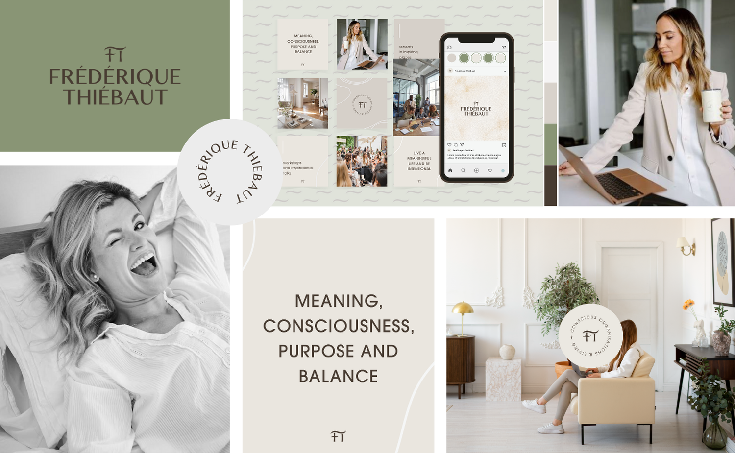 A collage of images related to Frederique Thiebaut, including a woman with blonde hair smiling and laughing in bed, a woman working on a laptop with coffee, a woman sitting on an armchair reading, and a social media layout promoting her brand and mes