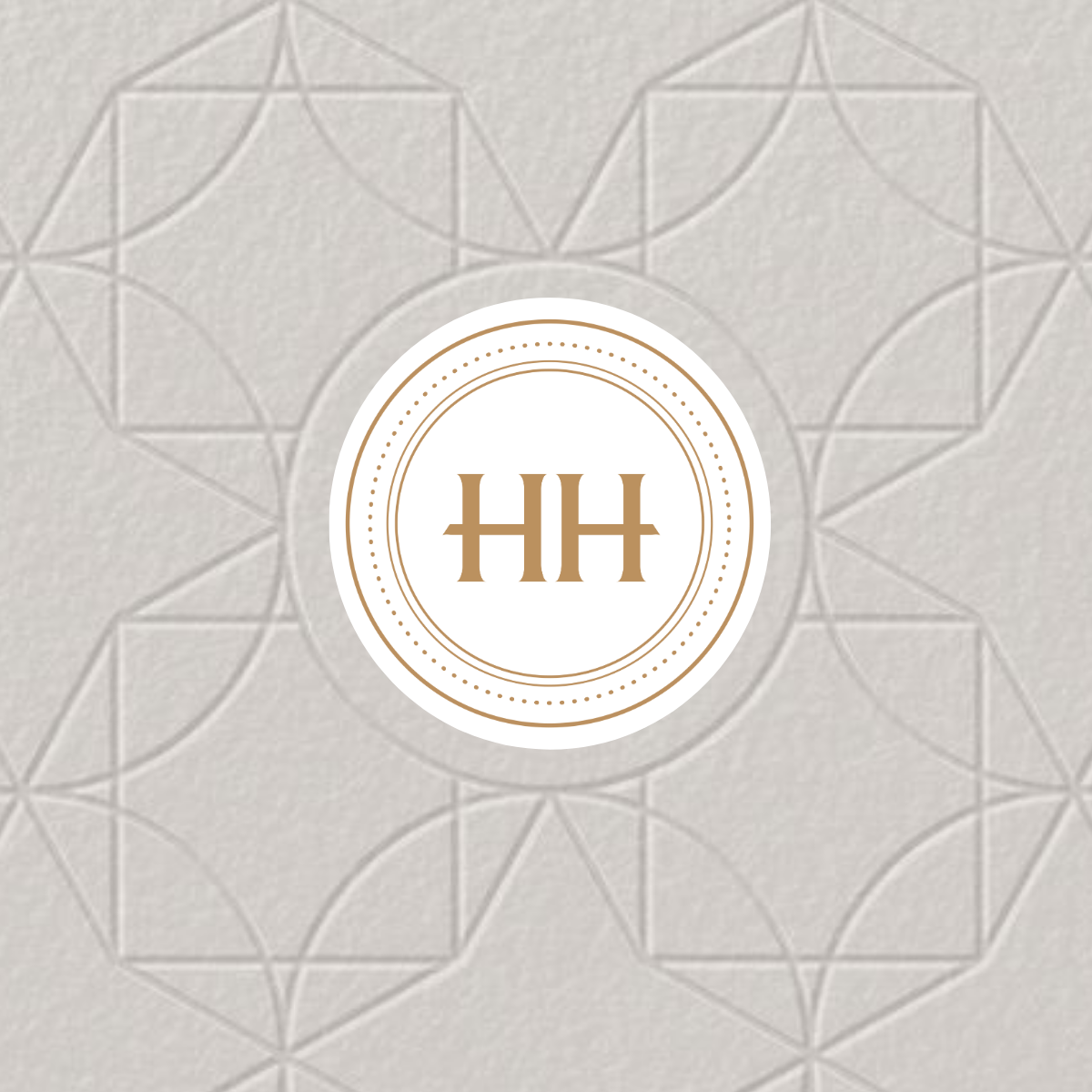 A decorative background with geometric patterns and a central circular logo containing the initials 'HH' in gold, surrounded by white and gold borders.
