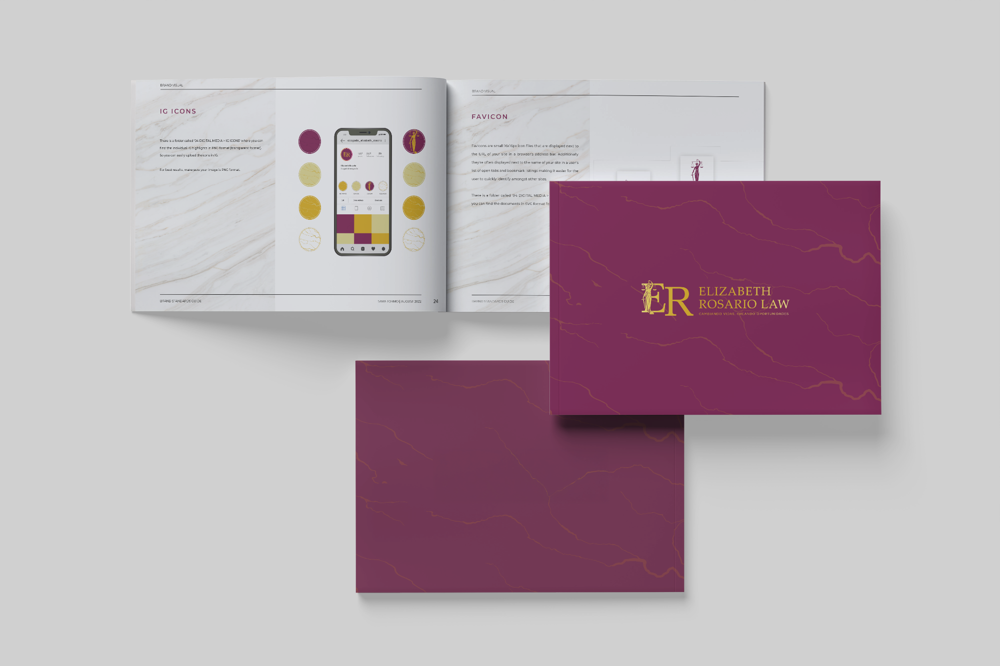 Open booklet displaying branding details, including a color palette, a mobile device mockup, and sections about icons, favicon, and a business card for Elizabeth Rosario Law.