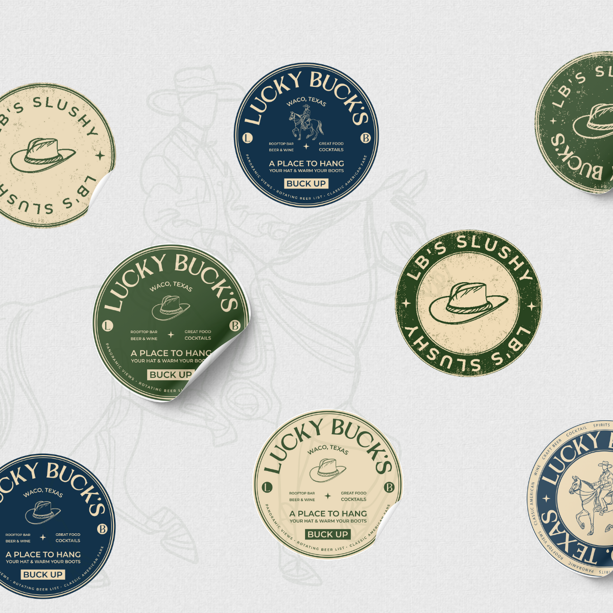 Various circular stickers for Lucky Buck's in different colors, featuring a hat illustration and text about a rooftop bar and cocktails in Waco, Texas.
