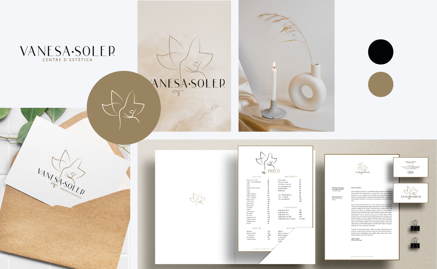 Brand branding materials for Vanesa Soler Center d'Estètica, including logo designs, a business card, a price list, a letterhead, two pens, a business card holder, and decorative vases with dried grass and candle.