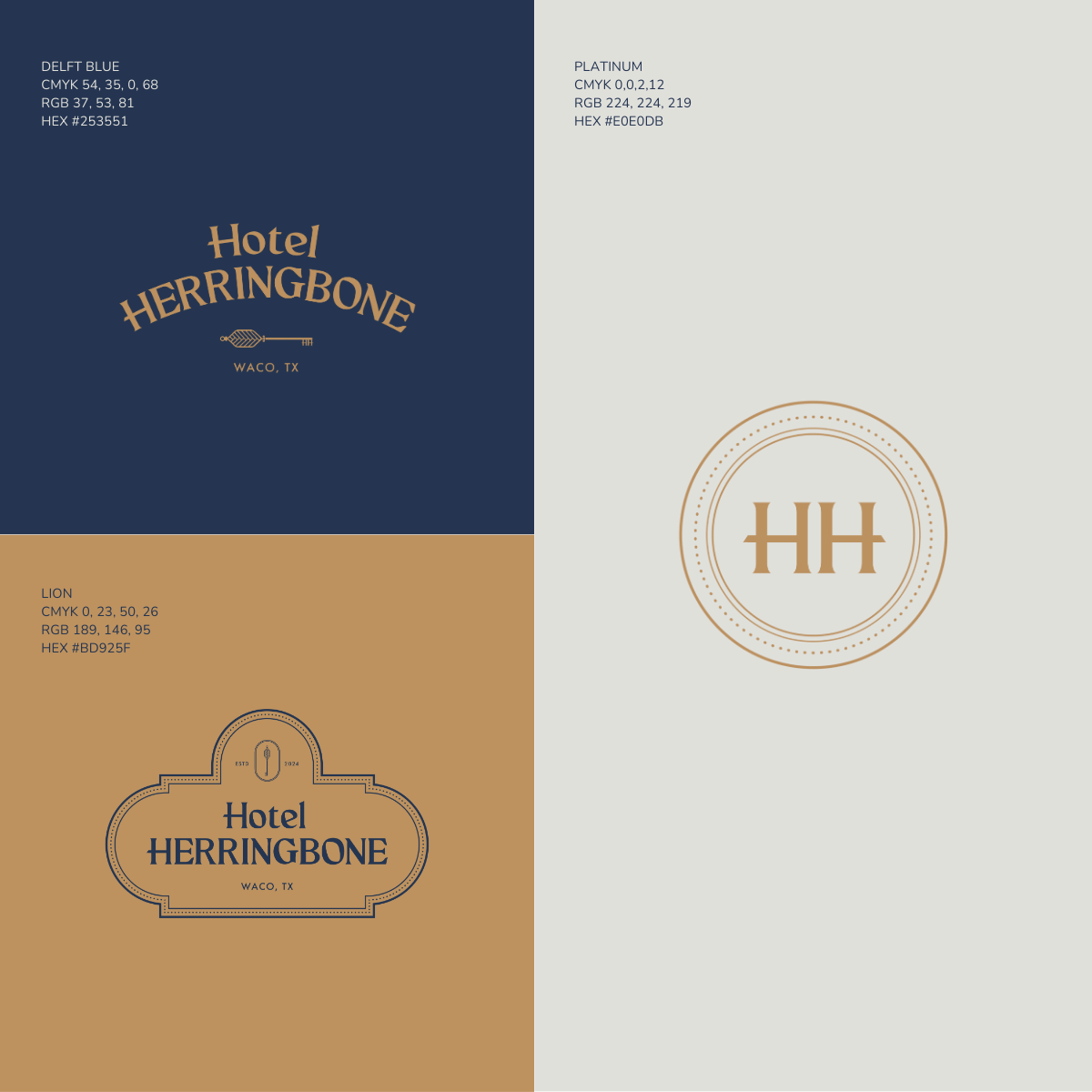 Graphic design featuring four different color blocks with text and logos for Hotel Herringbone in Waco, TX, including color codes and sample logos.