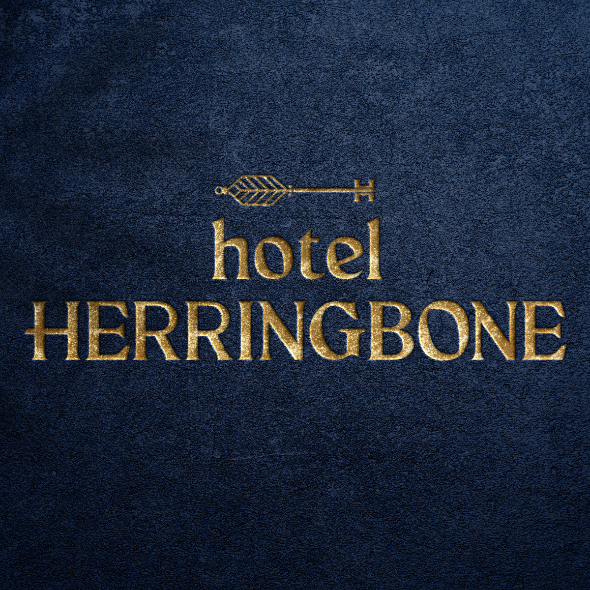 Close-up of a navy blue textured cover with gold text and a gold arrow logo that reads 'hotel HERRINGBONE'.