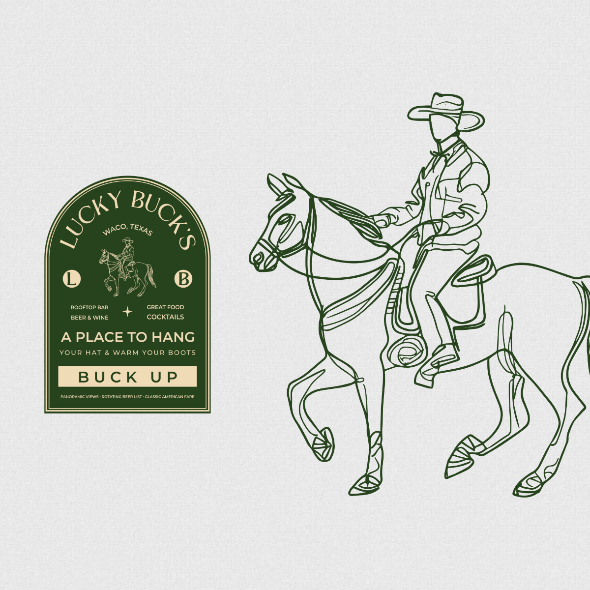 A line drawing of a person riding a horse and a green sign for Lucky Buck's bar in Waco, Texas.