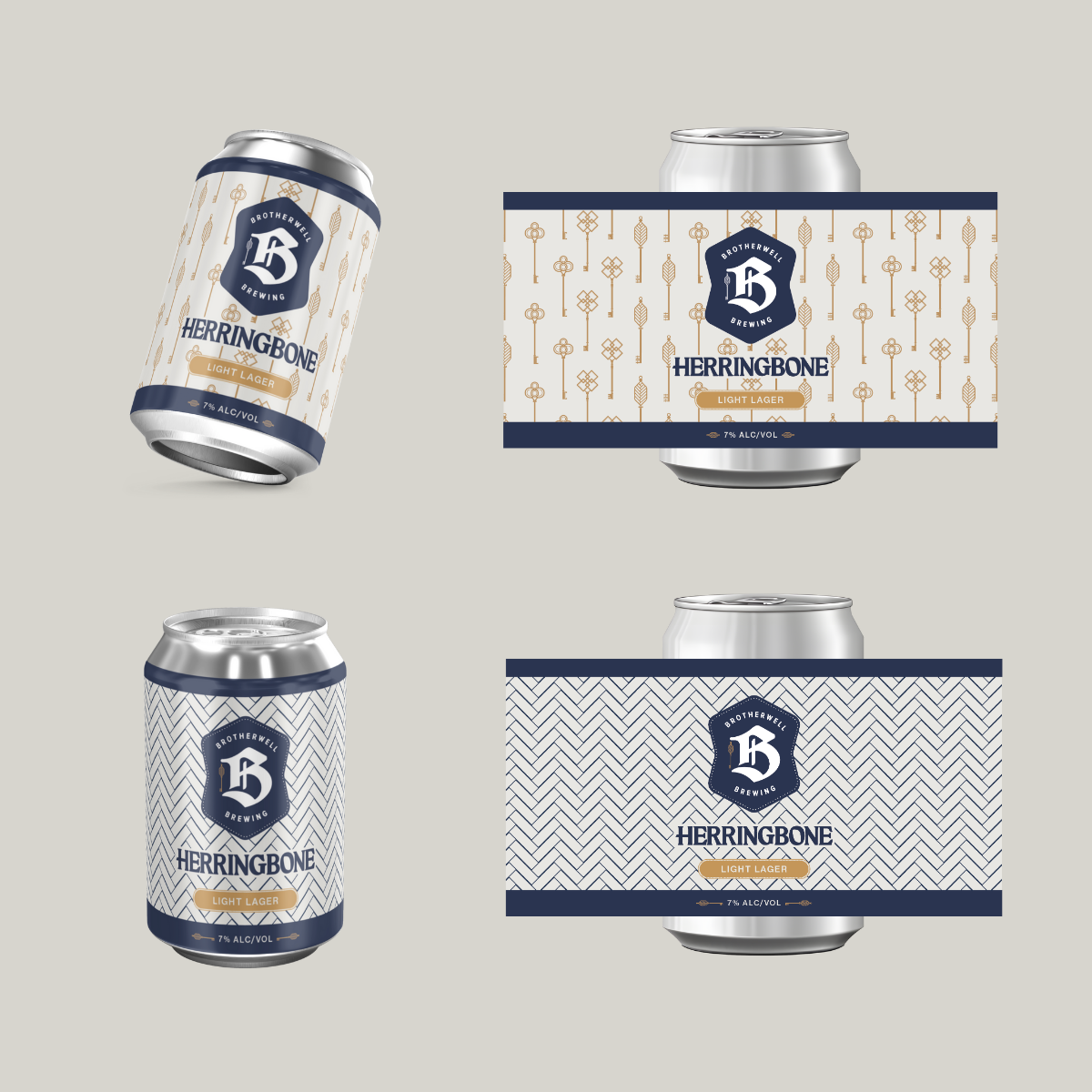 Four different cans of Herringbone Light Lager beer with various label designs, each featuring the Brotherwell Brewing logo and alcohol content of 7%.