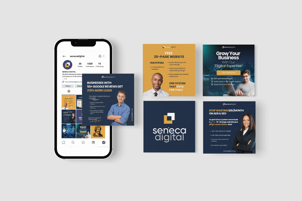 Social media profile and digital marketing promotional graphics for Seneca Digital, including advertisements for business growth, website services, and cost savings.