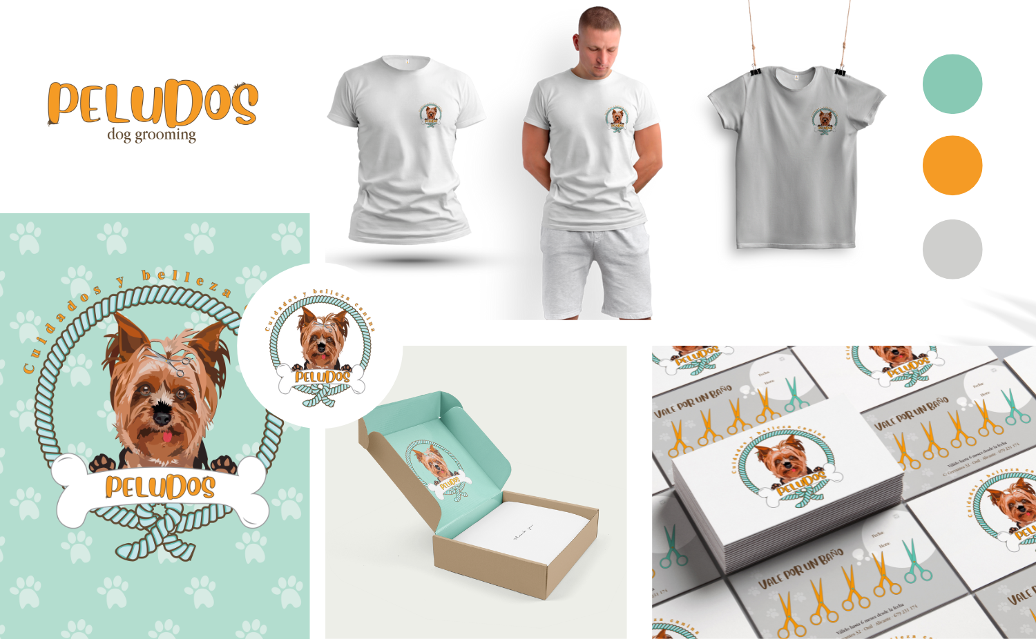 Dog grooming business branding with t-shirts, a logo featuring a dog, business cards, packaging, and product designs.