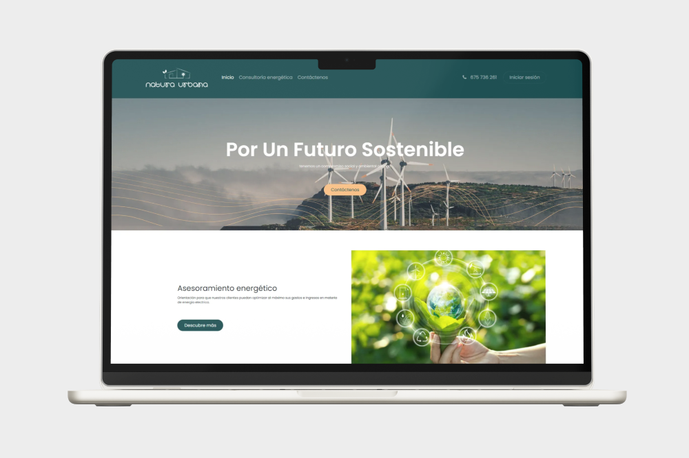 Laptop displaying a website about sustainable energy, with wind turbines and a hand holding a globe surrounded by energy icons.