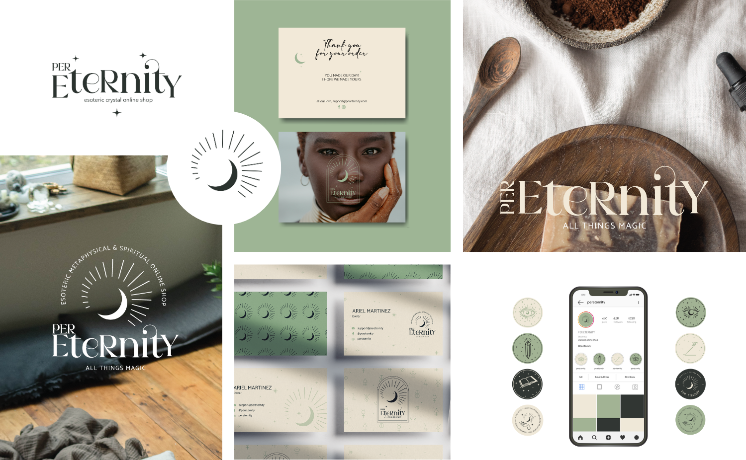 A collage of branding materials and products for PER Eternity, an esoteric crystal online shop, including logos, business cards, packaging, a person with a gemstone, a bowl of coffee, and a mobile app interface with themed icons and graphics.