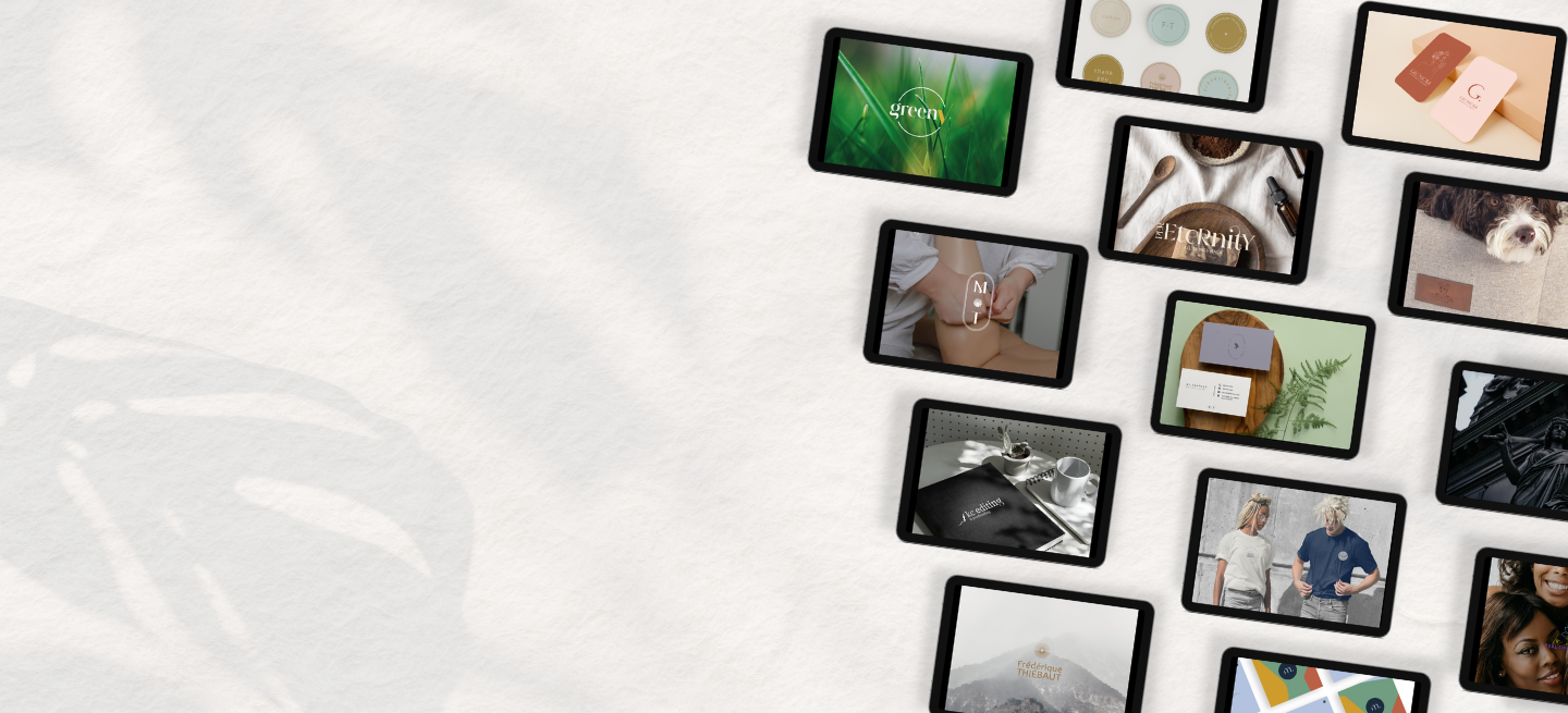 A collection of digital screens displaying various images and designs, arranged diagonally on a light background.