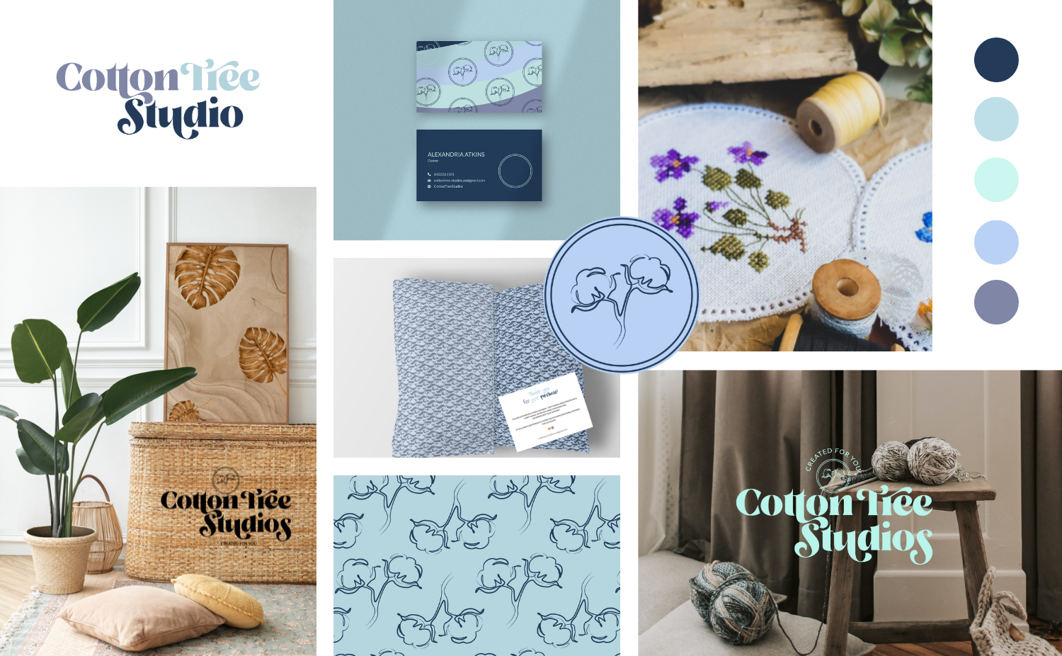 Collage of images showcasing branding material and textile designs for Cotton Tree Studios, including logos, business cards, embroidered fabric, textile patterns, and interior decor items.