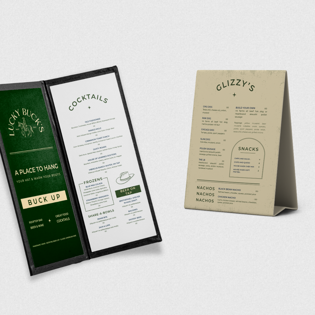 Two menus, one black and one beige, displaying food and drink options at a casual dining establishment.