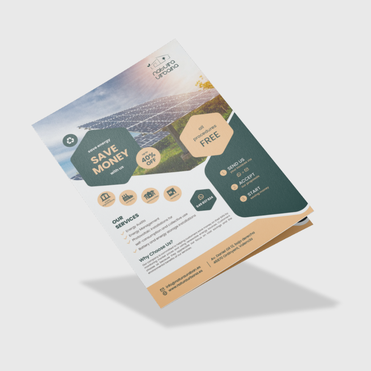 Flyer for an energy-saving company with solar panels, promoting free oil procedures, and offering contact info including email, website, and phone number.