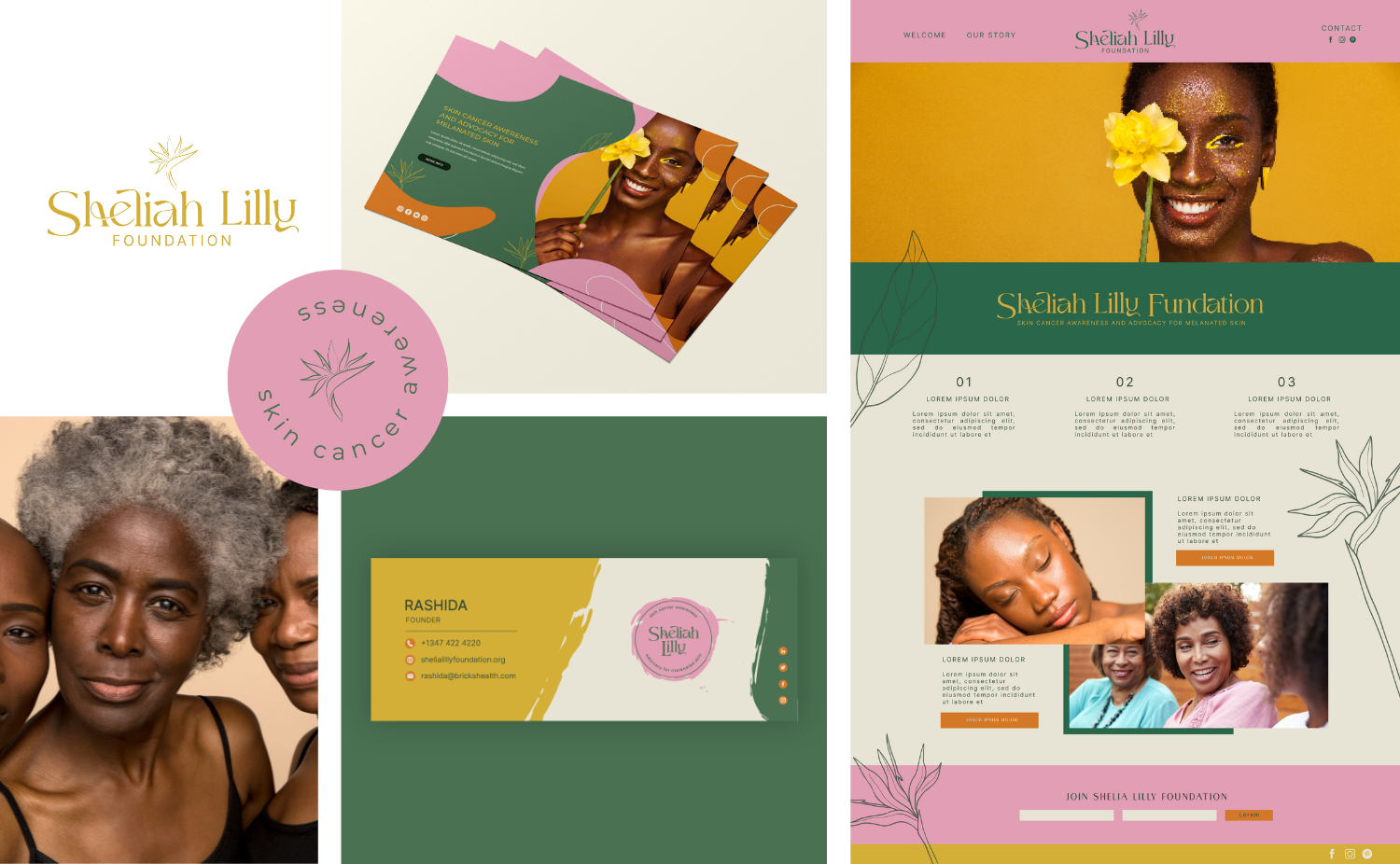 Various images and graphics promoting the Sheliah Lilly Foundation, including portraits of women of diverse ages and skin tones, a pink circular logo with a leaf and the words 'skin cancer awareness,' and flyers with text about skin cancer awareness 